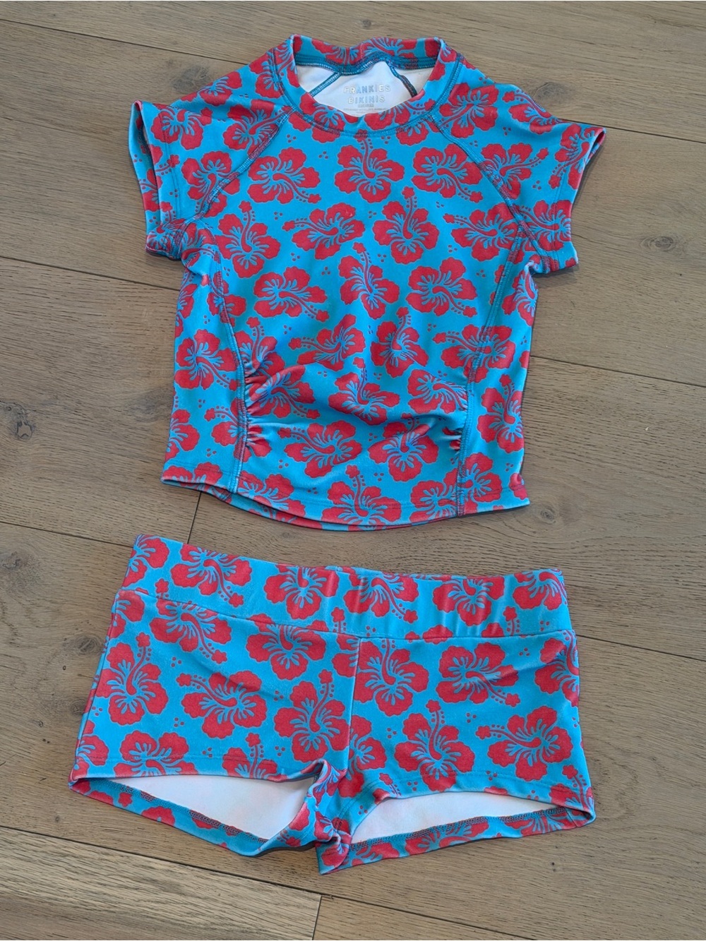 Frankies Bikinis blue/red hibiscus print swim set